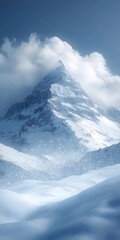 Wall Mural - A stunning view of a majestic snow-capped mountain peak, partially shrouded in clouds, showcasing a serene winter landscape with fresh snow covering the foreground.