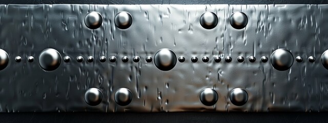 Abstract metallic texture with embossed spheres and rivets arranged in a pattern.