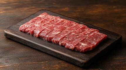 Slices of raw beef arranged on a wooden cutting board, ready for cooking or grilling.