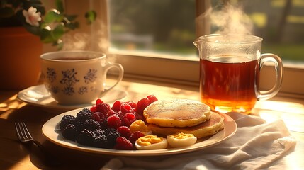 Wall Mural - A gluten-free breakfast platter with scrambled eggs, gluten-free pancakes, a side of mixed berries, and a cup of steaming herbal tea, captured in a bright and airy kitchen 