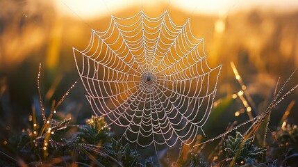 Dewdrops decorate spiderweb in tall grass at sunrise. Nature intricate design shines brightly. Early morning light illuminates delicate threads of web. Beautiful details of nature in morning light.