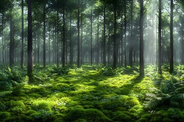  A tranquil forest scene featuring tall trees and lush green moss covering the forest floor, illuminated by soft rays of sunlight piercing through the canopy.