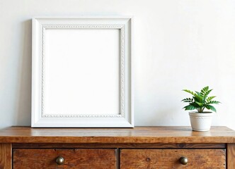 Wall Mural - A lovely white-framed picture sits atop a rustic wooden table beside a small potted plant, photo, plant, serene landscape