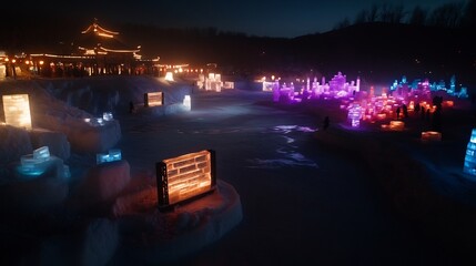 Poster - Illuminated ice sculptures at night, showcasing vibrant colors and intricate designs.  A winter wonderland scene with glowing structures and people enjoying the spectacle.