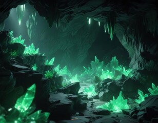 Dark and mysterious cave filled with glowing green crystals, shadows, glowing, ambiance