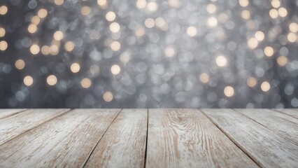 Wall Mural - Rustic white wash wood board mockup surface with silver gray white sparkly bokeh background