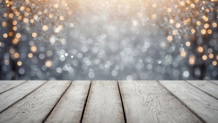 Wall Mural - Rustic white wash wood board mockup surface with silver gray white winter bokeh snow background