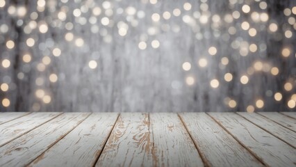 Wall Mural - Rustic white wash wood board mockup surface with small silver gray white bokeh lights background