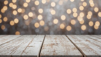 Wall Mural - Rustic white wash wood board mockup surface with silver gray white and gold bokeh lights background