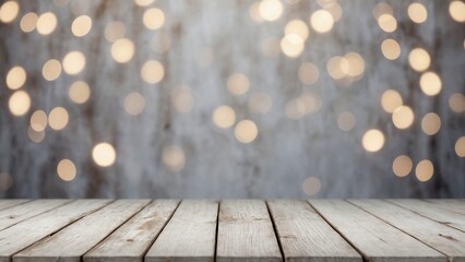 Wall Mural - Rustic white wash wood board mockup surface with blurred silver gray white winter snow bokeh lights background