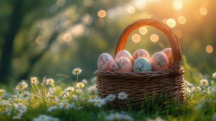 Wall Mural - A woven basket filled with decorated Easter eggs sits among daisies in a sunlit meadow.