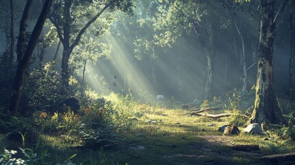 Wall Mural - 7.A quiet forest scene with sunlight filtering through the tall trees, creating dappled patterns of light on the forest floor. The landscape is filled with plants, fallen branches, and earthy