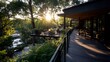 © Lisa_Art - Sunset view from modern deck overlooking river.