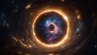 © Vadym - Deep space tunnel shows nebula, stars. Fiery ring encircles center. Cosmic phenomenon. Bright glowing tunnel in deep space. Awesome view of space. Stars, nebula swirl around fiery tunnel.