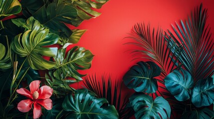 Canvas Print - Lush tropical leaves with a red background and vibrant flower