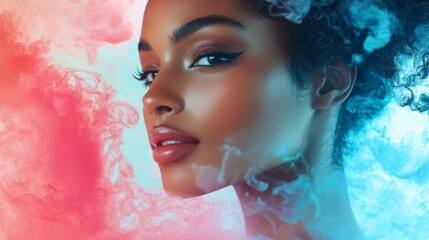 Canvas Print - Striking beauty portrait with colorful pink and blue mist effects