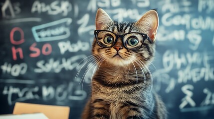 cat with glasses teaching on the whiteboard, capturing intelligent and learning
