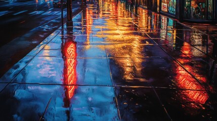 Wall Mural - Wet city street reflects neon lights at night.