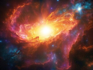 Wall Mural - Colorful galactic nebula swirls with bright central star. Fiery orange, crimson clouds of gas, dust mix with deep blues, purples in vast cosmos. Stars scattered throughout space create depth,