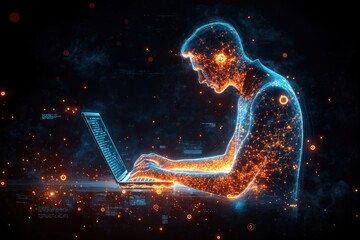 man using laptop, tablet connected to internet. digital software development concept. future tech il