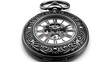 © DM  - Antique black pocket watch with ornate detailing, Roman numerals, and skeleton movement visible.