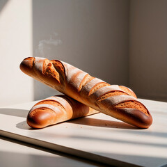 two loaves of bread on a marble table