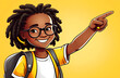 © SandaRina - Smiling child with glasses and dreadlocks pointing upward, wearing a backpack and yellow shirt, on a bright yellow background, concept of education and positivity