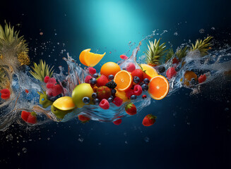 Poster - Vibrant fruits oranges, berries, pineapple suspended in a dynamic water splash against a dark blue backdrop.  The scene is bursting with freshness and juicy color.