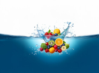 Aufkleber - A vibrant mix of fresh fruits   oranges, kiwi, berries, and more   plunges into sparkling blue water, creating a dynamic splash.  The scene is set against a bright white background.