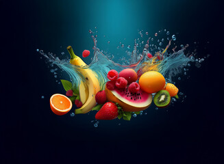 Aufkleber - Vibrant fruits   banana, raspberries, strawberry, orange, kiwi, and watermelon   explode in a refreshing water splash against a dark blue backdrop.  The image evokes feelings of juicy freshness and su