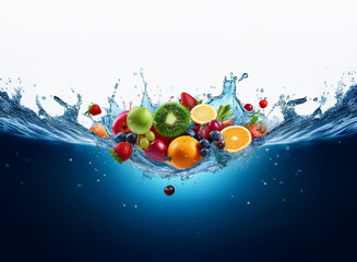 Aufkleber - Vibrant fruits strawberries, kiwi, oranges, and more plunge into sparkling blue water, creating a dynamic splash.  A refreshing image depicting the vitality of nature.
