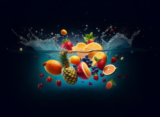 Aufkleber - A vibrant mix of fresh fruits strawberries, oranges, pineapple, grapes, and more plunges into sparkling water, creating a dynamic splash against a dark blue backdrop.  The scene is juicy and full of l