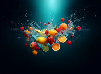 Poster - Vibrant fruits oranges, strawberries, raspberries, and more explode from the water, creating a dynamic splash against a dark teal backdrop.  The scene is illuminated from above, emphasizing the juicy 