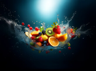 Poster - A vibrant mix of fresh fruits strawberries, raspberries, blueberries, kiwi, oranges explodes in a splash of water against a dark blue background.  The scene is dynamic and full of juicy color.