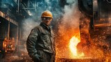 A comprehensive view of a steel mill worker in protective clothing and a hard hat, standing confidently in front of a large blast furnace, with molten steel flowing and sparks flying