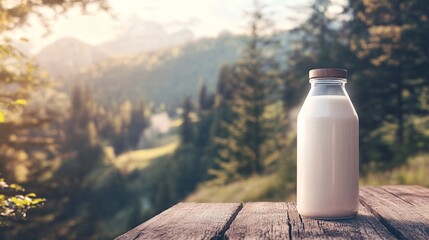 Wall Mural - Glass milk bottle standing on wooden table with mountain view in background at sunset