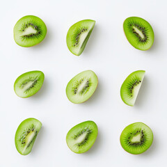 Wall Mural - Fresh kiwi fruit slices arranged on white background, vibrant and healthy