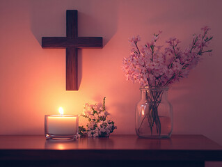 Poster - A dark wooden cross on a soft pink wall with