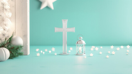 Poster - A silver cross on a soft mint background surr