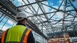 © aubriella - A construction supervisor overseeing the assembly of steel trusses for a sports arena roof, Truss assembly scene, Sports venue construction style