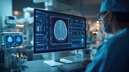 Medical pro analyzes brain scan data on computer screen. Tech expert reviews medical images in lab. AI tech assists in disease diagnosis. Medical imaging analysis. Healthcare tech. Hospital