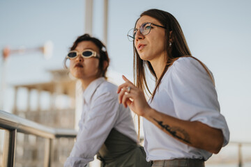 Wall Mural - Two business workers taking a break outside, enjoying the sunshine. They represent a multicultural and multiracial team, relaxed and engaged in conversation. Captures workplace diversity and