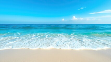 Blue ocean waves washing over the shore in a soothing motion against a clear blue sky, beach scene, water's edge, wave action, peaceful ambiance.