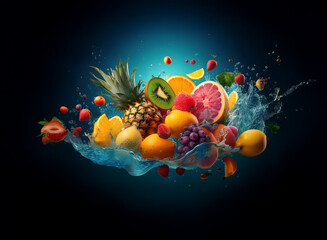 Poster - A vibrant splash of tropical fruits pineapple, kiwi, oranges, strawberries, raspberries, and grapes explode in a burst of juicy refreshment against a dark blue background.  The water droplets add to t