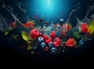 Aufkleber - Vibrant berries strawberries, raspberries, blueberries, and blackberries splash into a dark blue water, creating a dynamic, refreshing scene.  The water droplets add to the image's energy and vibrancy