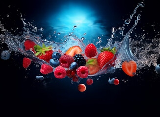 Poster - A vibrant mix of fresh berries strawberries, raspberries, blueberries, and blackberries suspended in a dynamic water splash against a dark blue backdrop.  The scene is illuminated from above, enhancin
