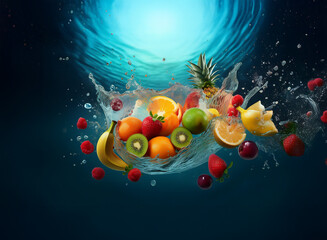 Poster - A vibrant mix of fresh fruits   strawberries, oranges, kiwi, pineapple, and more   splashes into cool, blue water, creating a dynamic, underwater scene.