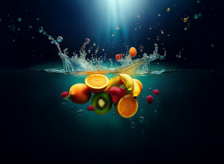 Aufkleber - Vibrant fruits oranges, bananas, kiwi, raspberries plunge into dark water, creating a dramatic splash illuminated by an overhead light.  The scene is full of energy and color contrast.