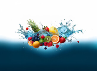 Aufkleber - A vibrant mix of fresh fruits pineapple, berries, kiwi, oranges, and lemon splash into clear blue water, creating a dynamic, refreshing scene.