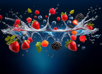 Aufkleber - Vibrant berries strawberries, raspberries, blackberries, and blueberries splash into clear water, creating a dynamic, refreshing scene against a deep blue backdrop.